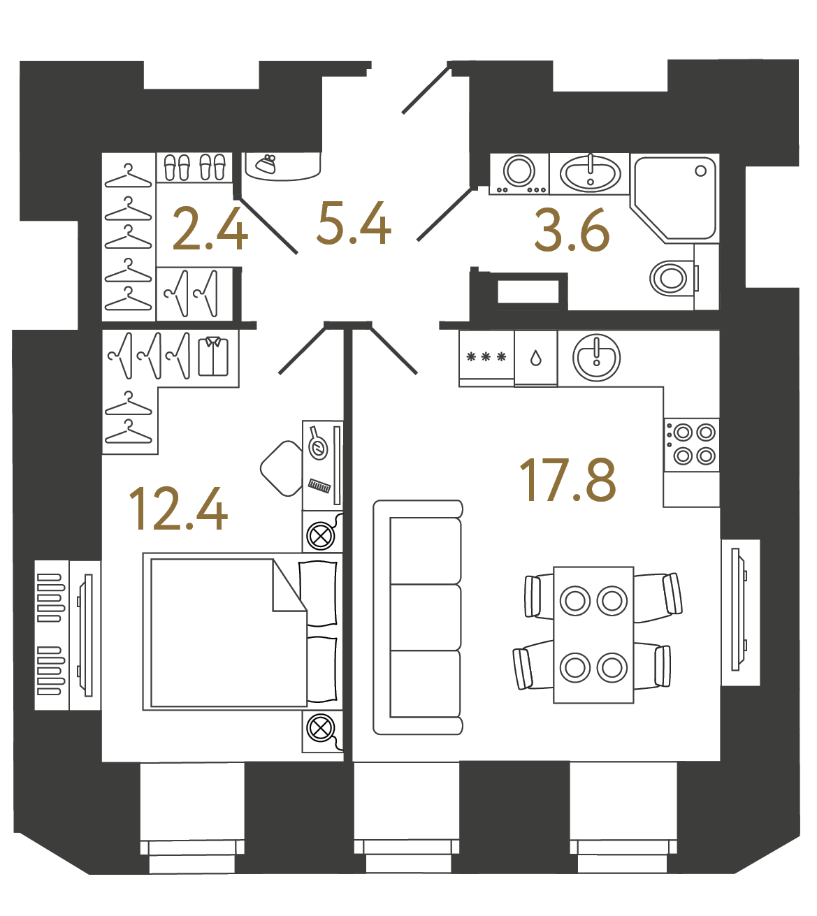 Однокомнатный номер 41.6 м²