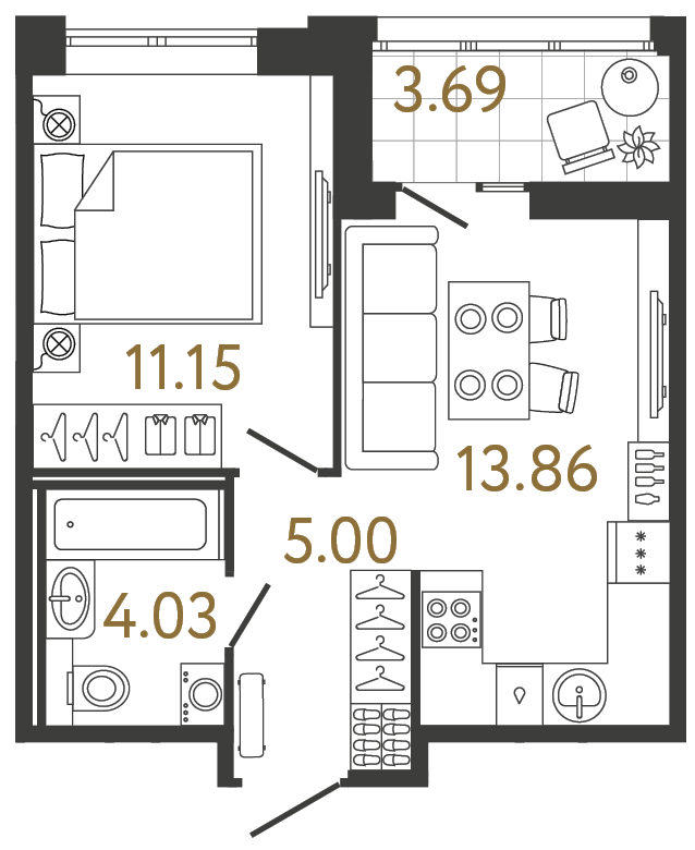 Однокомнатная квартира 34.04 м²