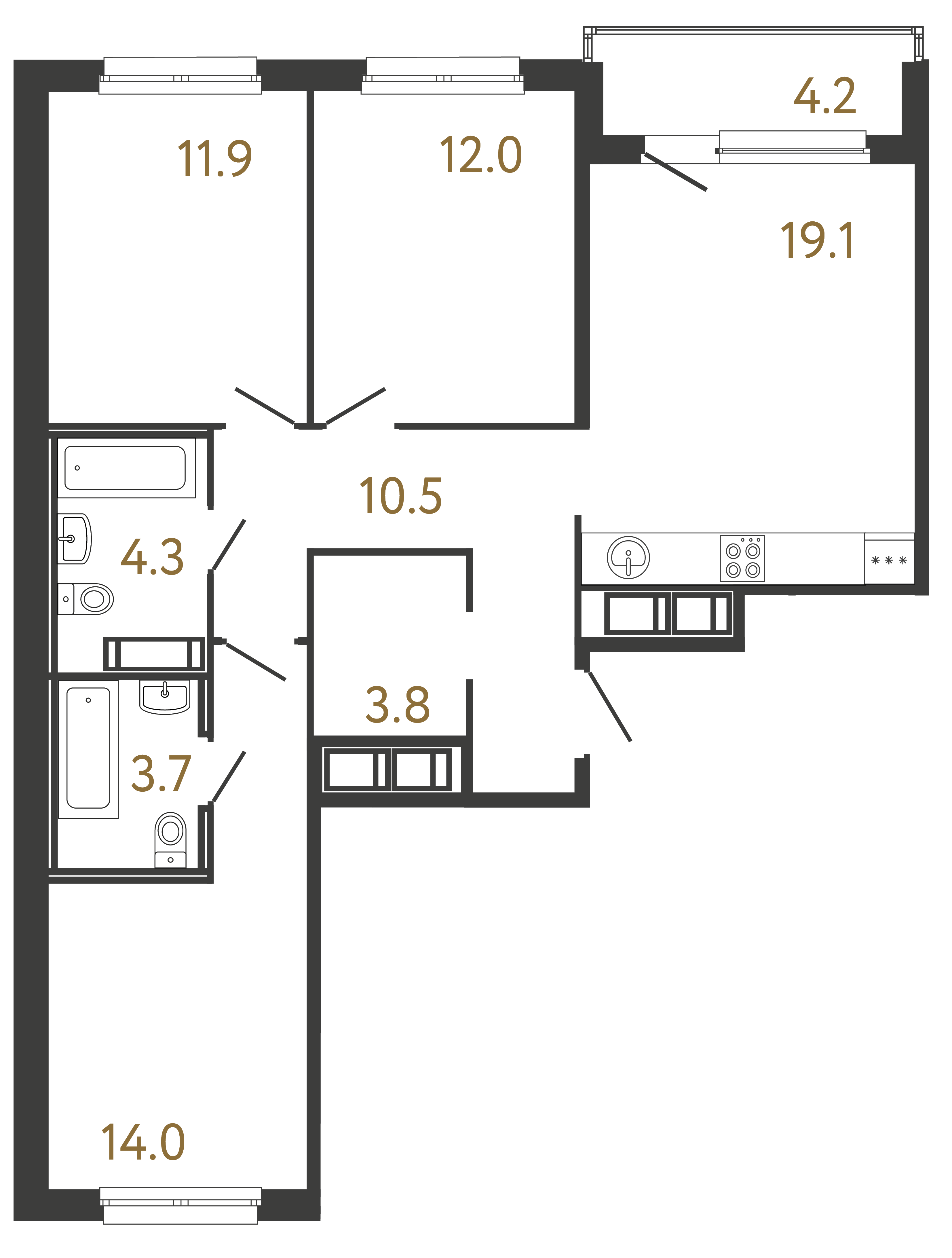 Трёхкомнатная квартира 79.3 м²