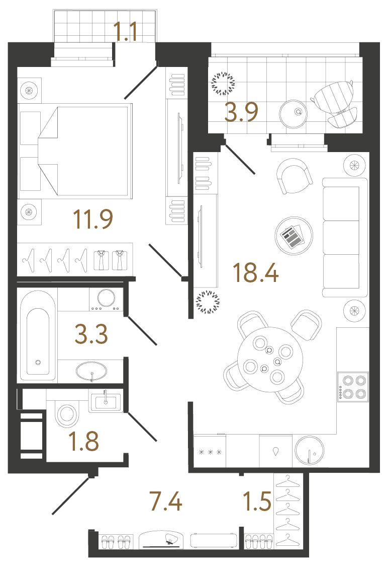 Однокомнатная квартира 44.3 м²