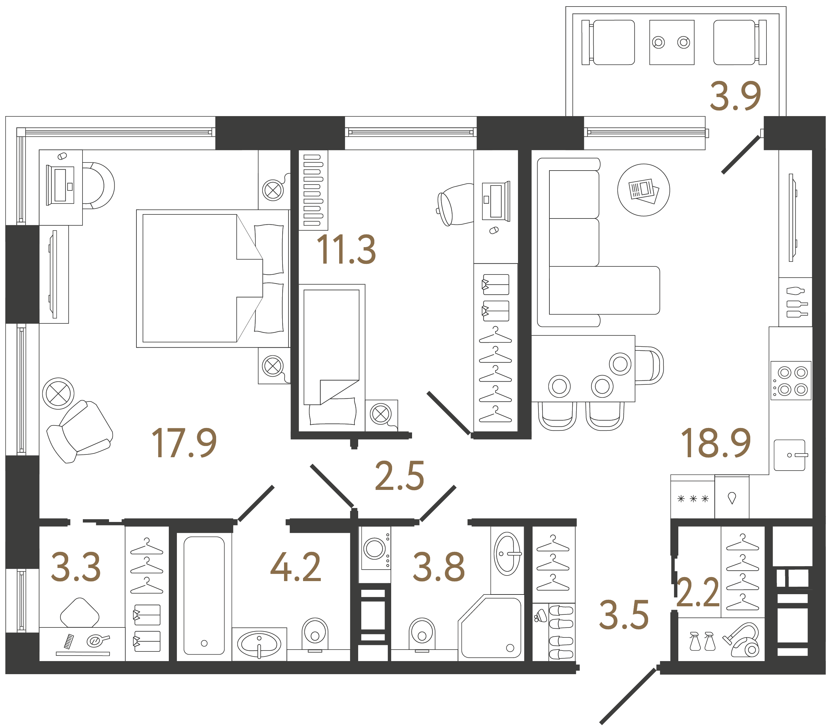 Двухкомнатная квартира 67.6 м²
