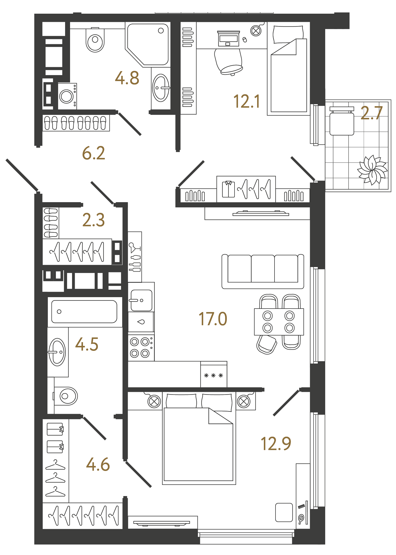 Двухкомнатная квартира 64.4 м²