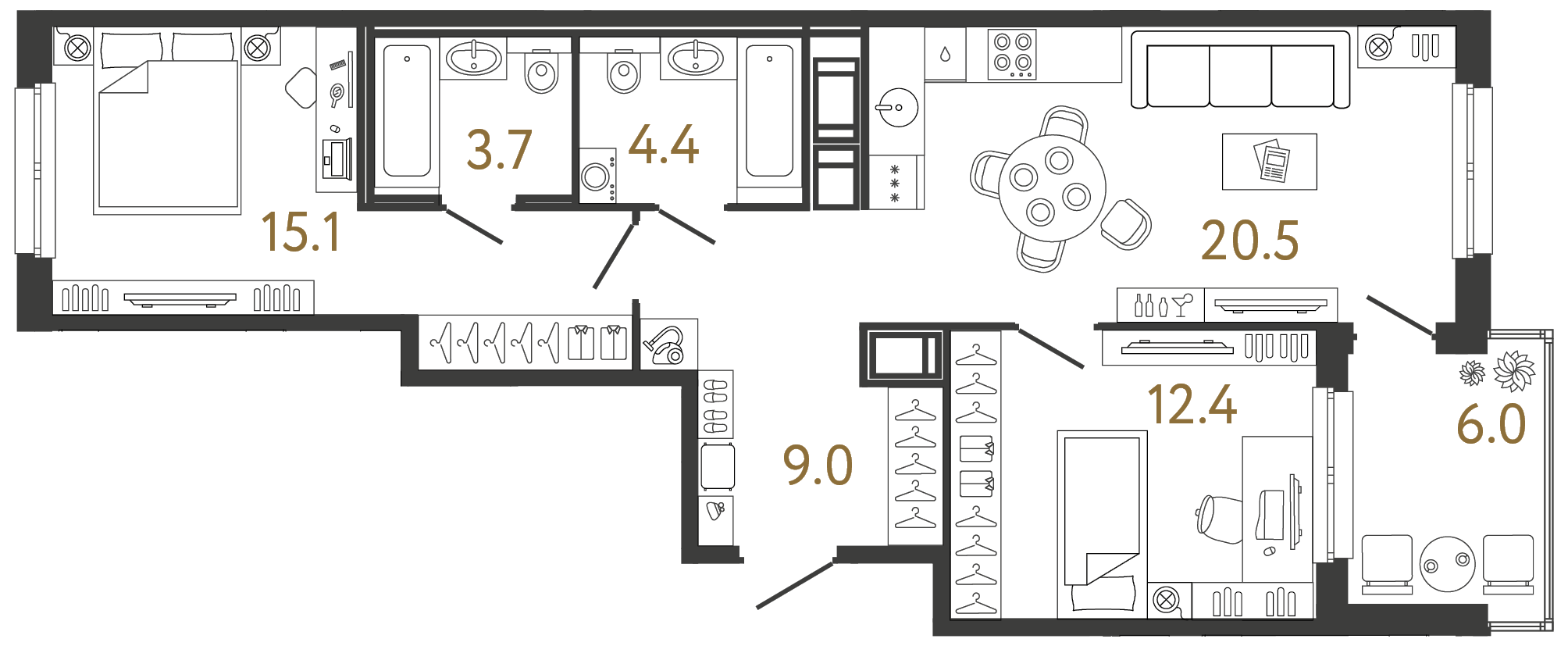 Двухкомнатная квартира 65.1 м²