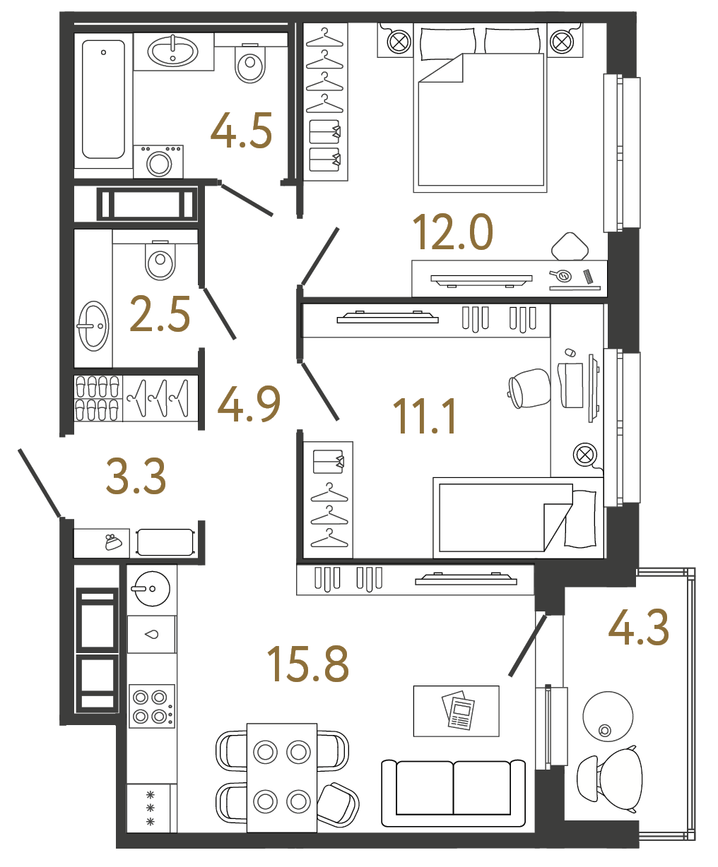 Двухкомнатная квартира 54.1 м²