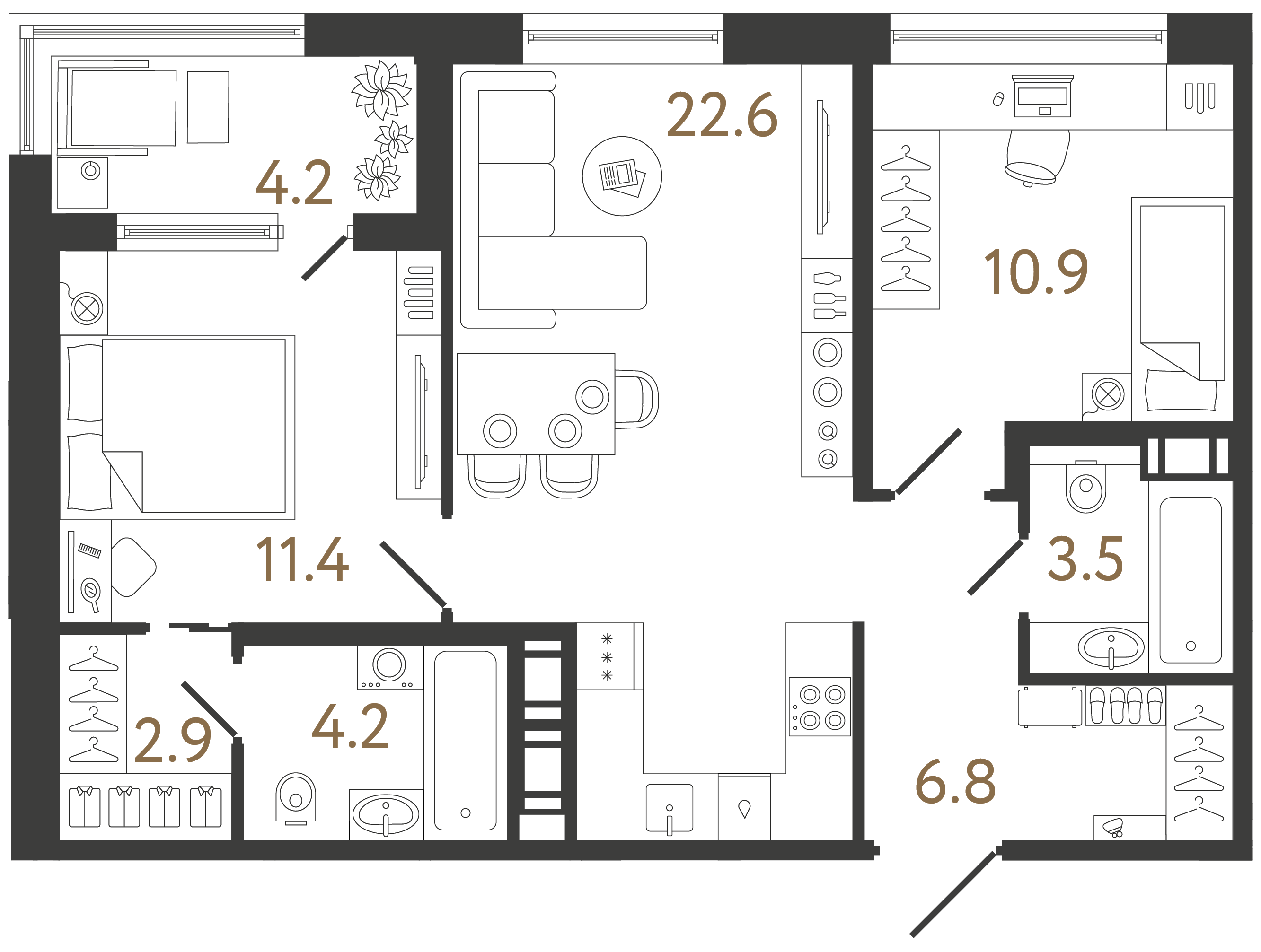 Двухкомнатная квартира 62.3 м²