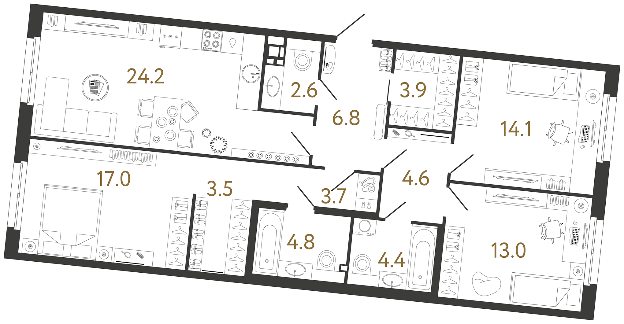 Трёхкомнатная квартира 102.6 м²