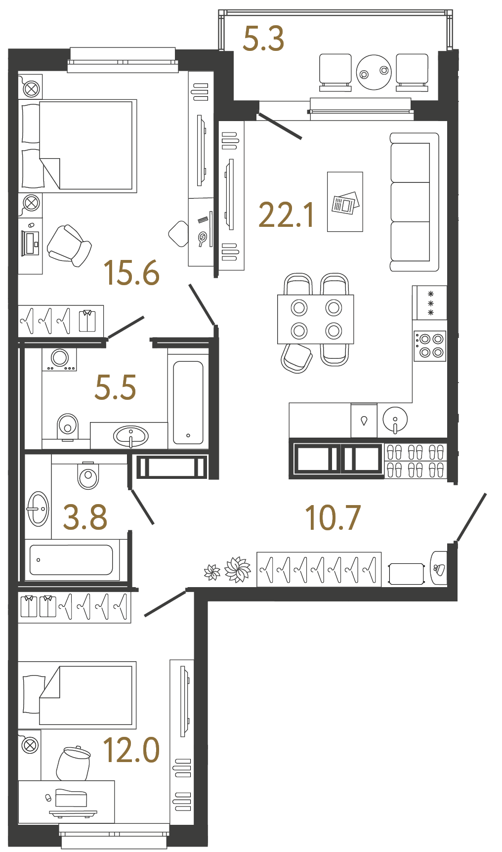 Двухкомнатная квартира 69.7 м²
