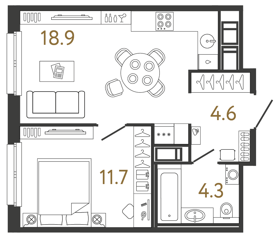 Однокомнатная квартира 39.5 м²