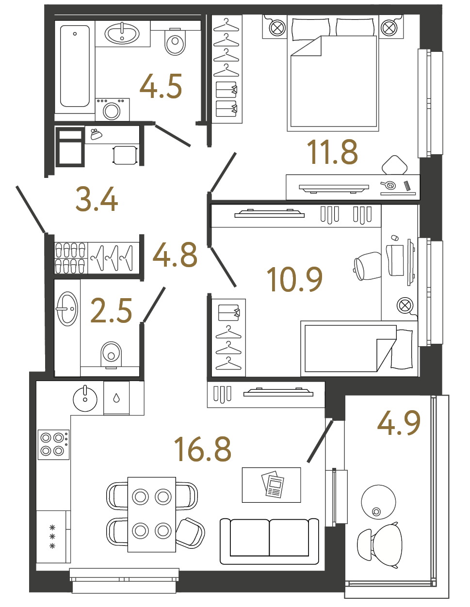Двухкомнатная квартира 54.7 м²