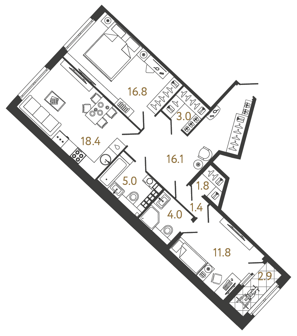 Двухкомнатная квартира 78.3 м²