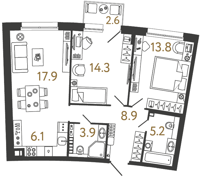 Двухкомнатная квартира 70.1 м²