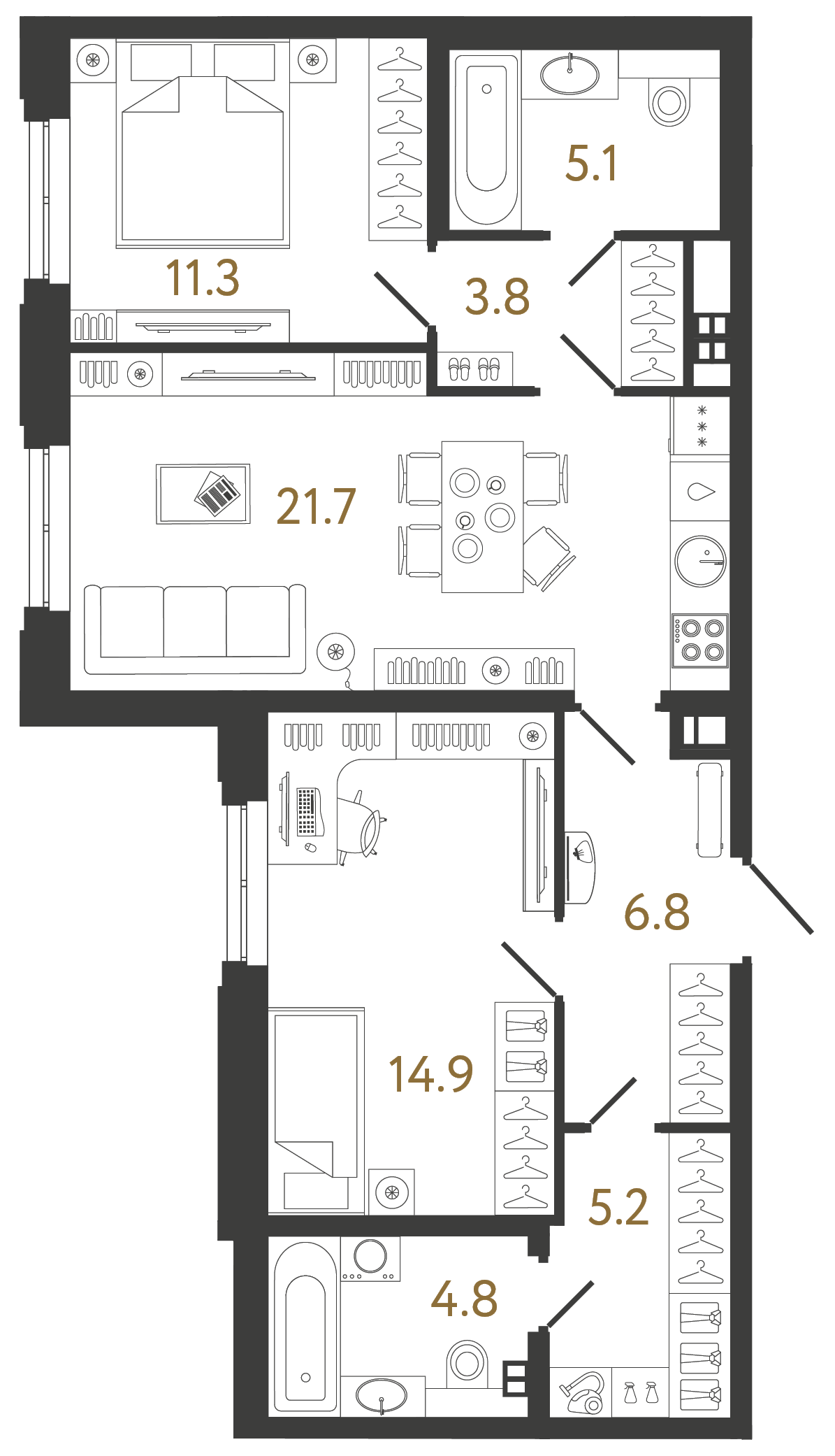 Двухкомнатная квартира 73.6 м²