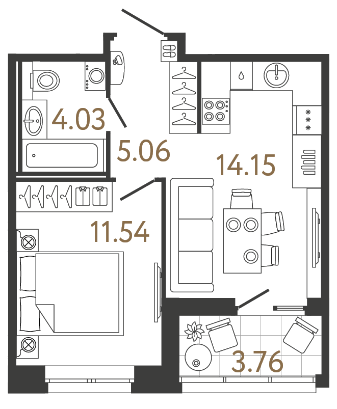 Однокомнатная квартира 34.78 м²