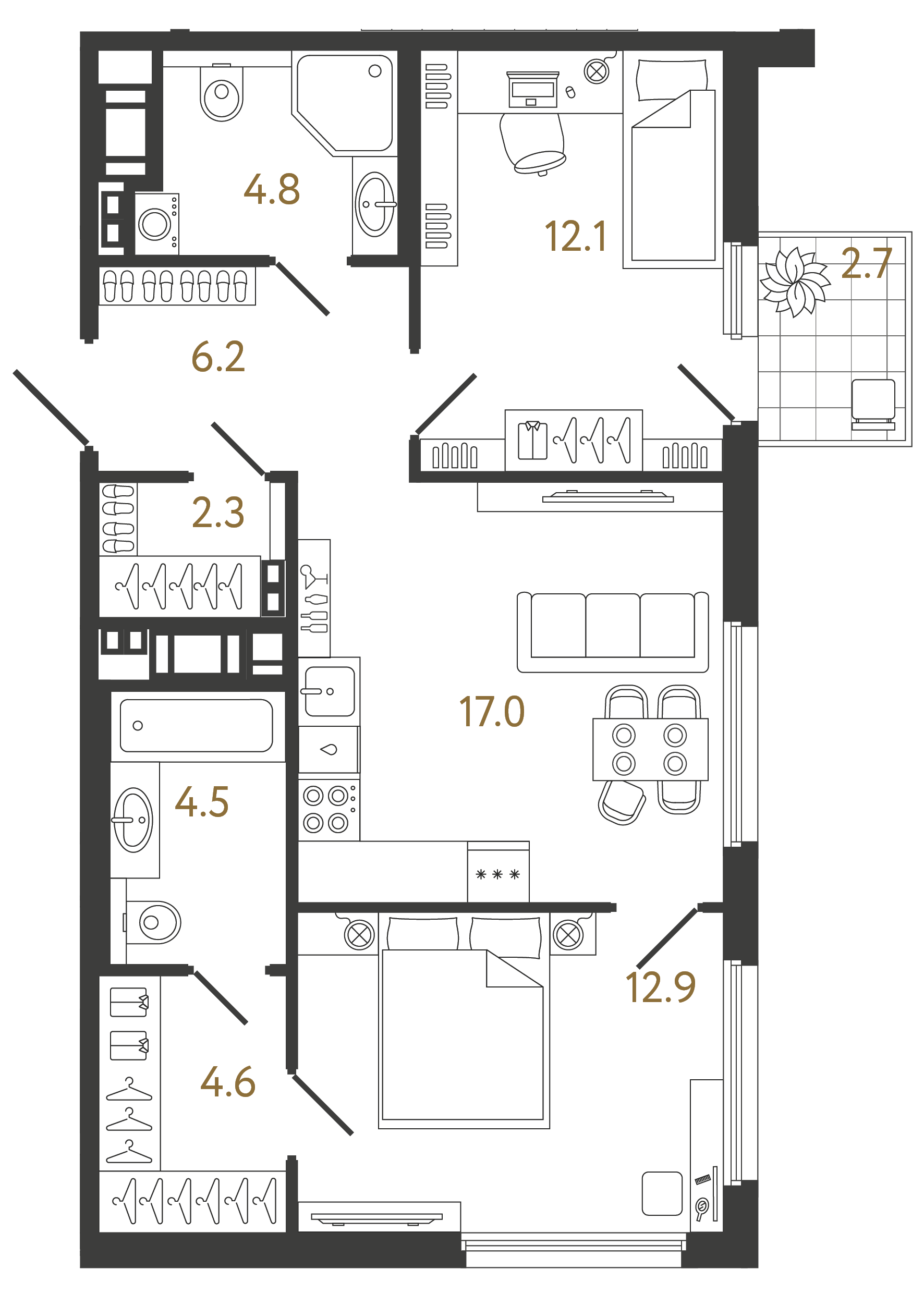 Двухкомнатная квартира 64.4 м²