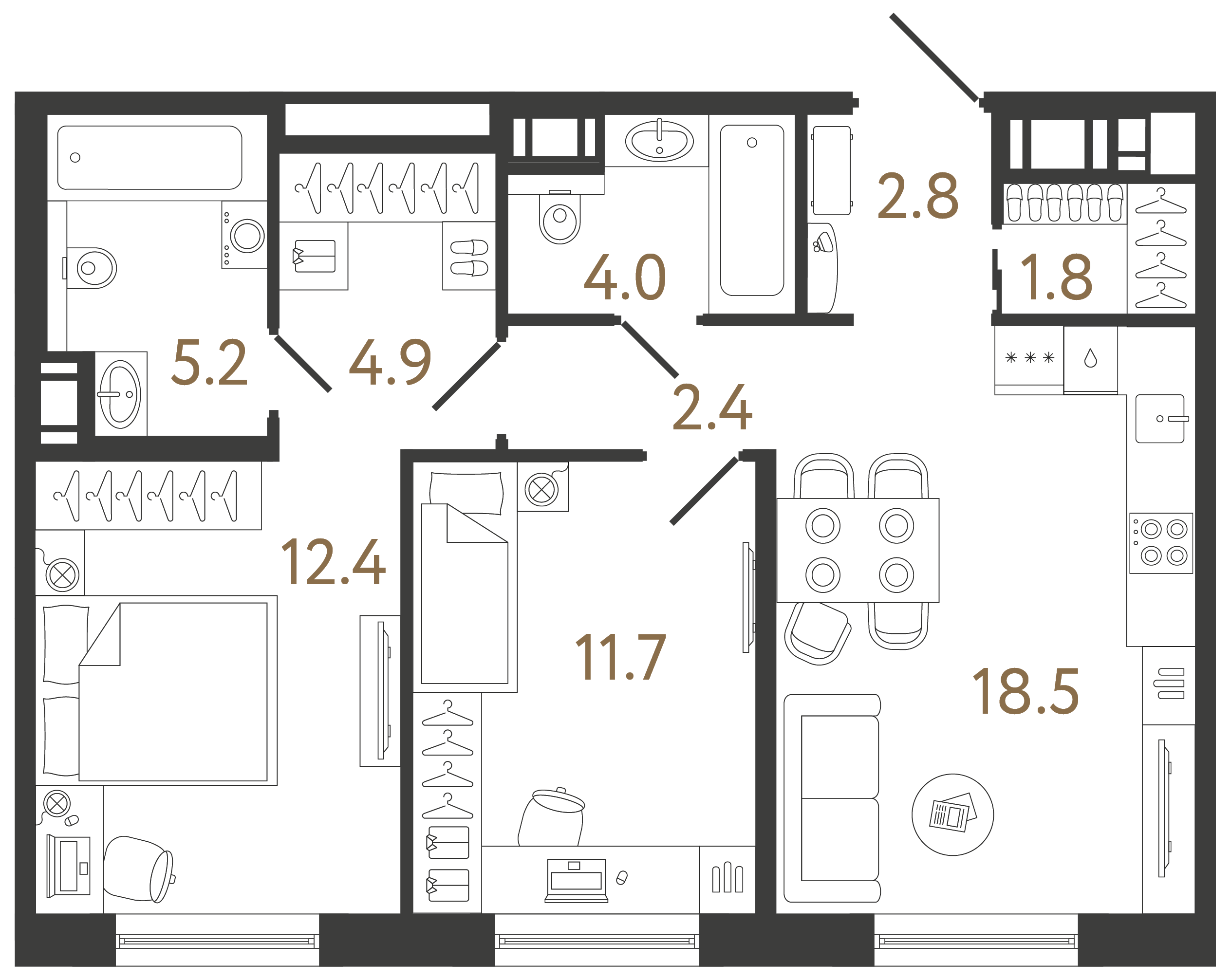 Двухкомнатная квартира 63.7 м²