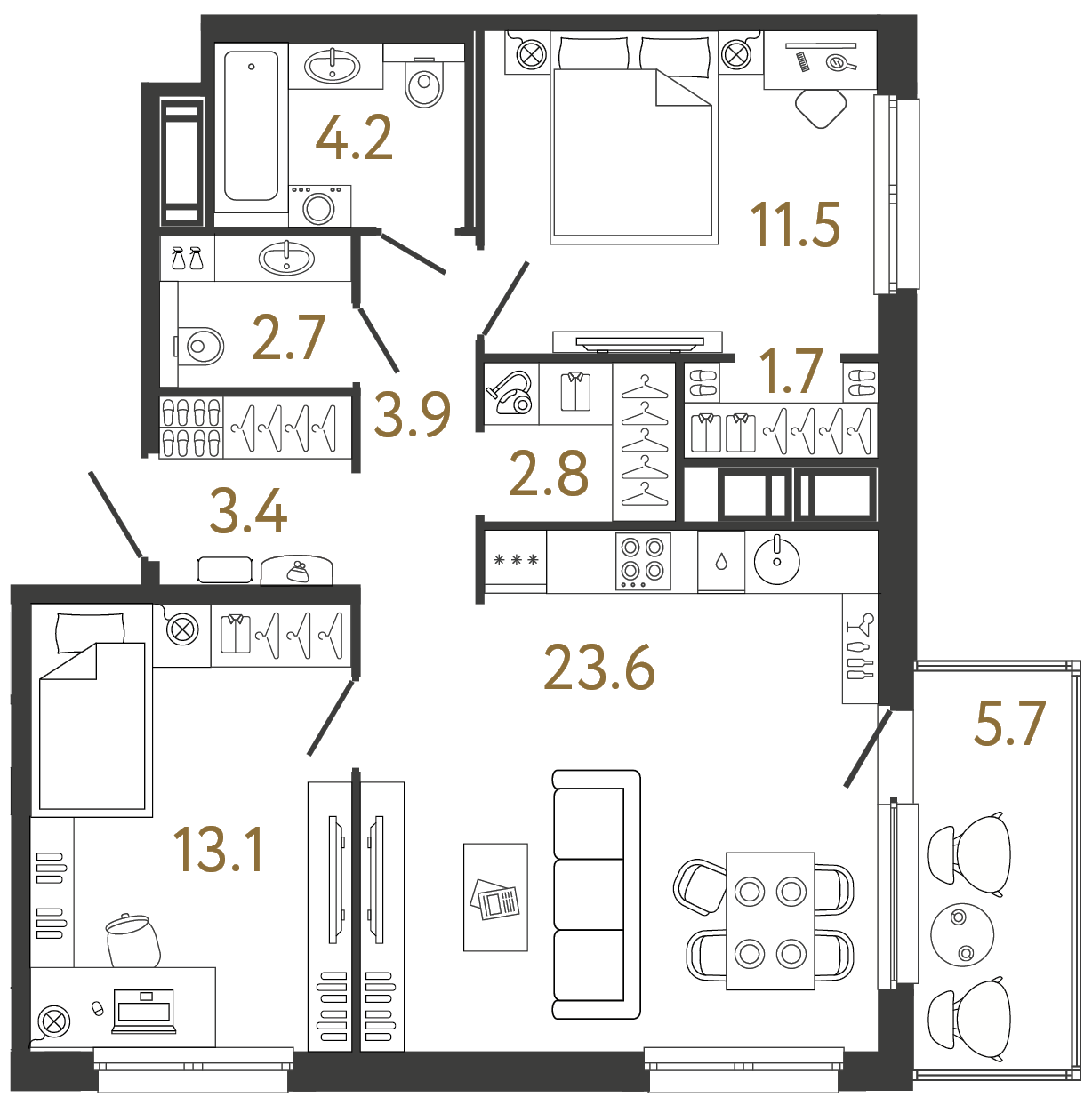 Двухкомнатная квартира 66.9 м²