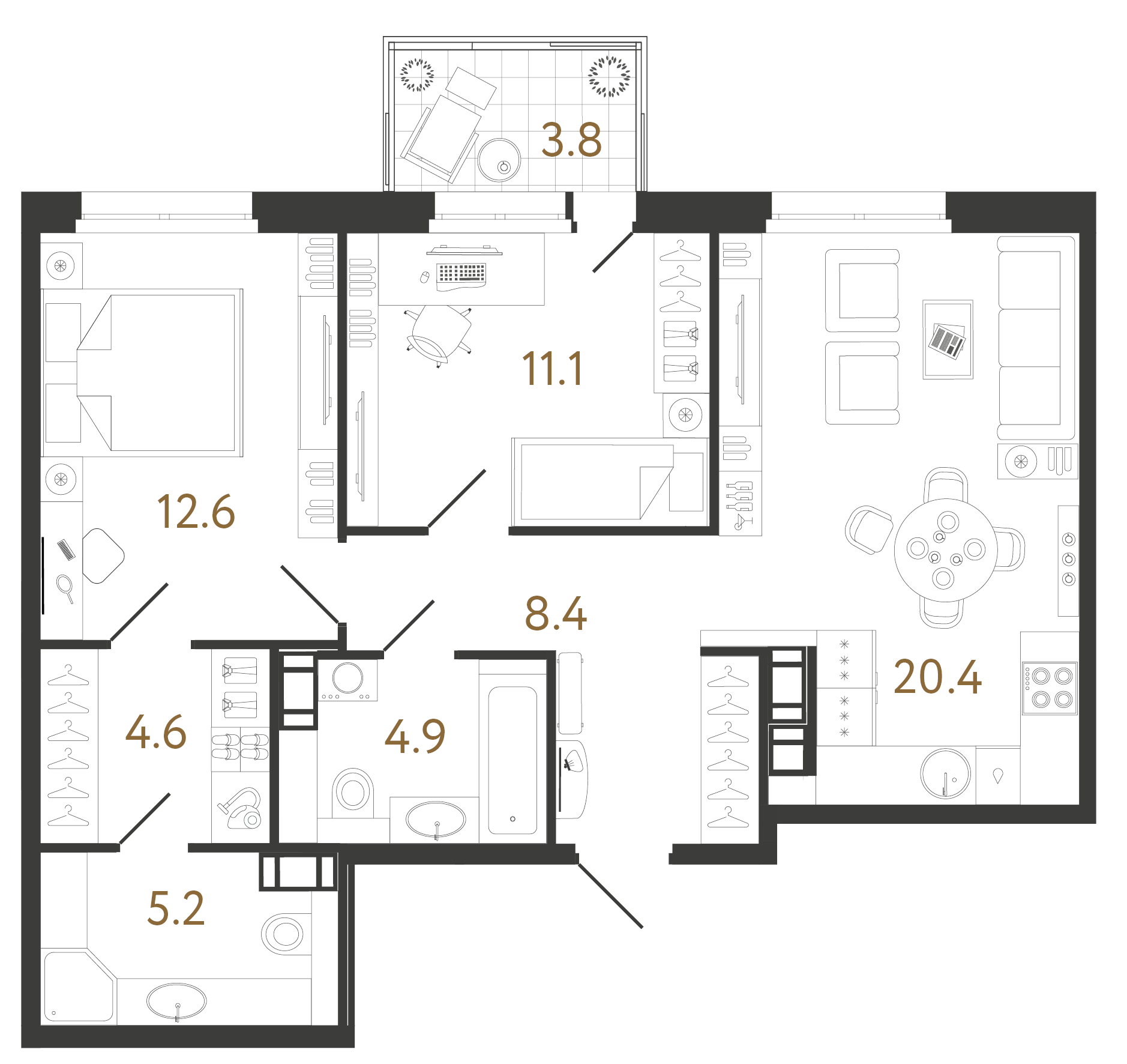 Двухкомнатная квартира 67.2 м²