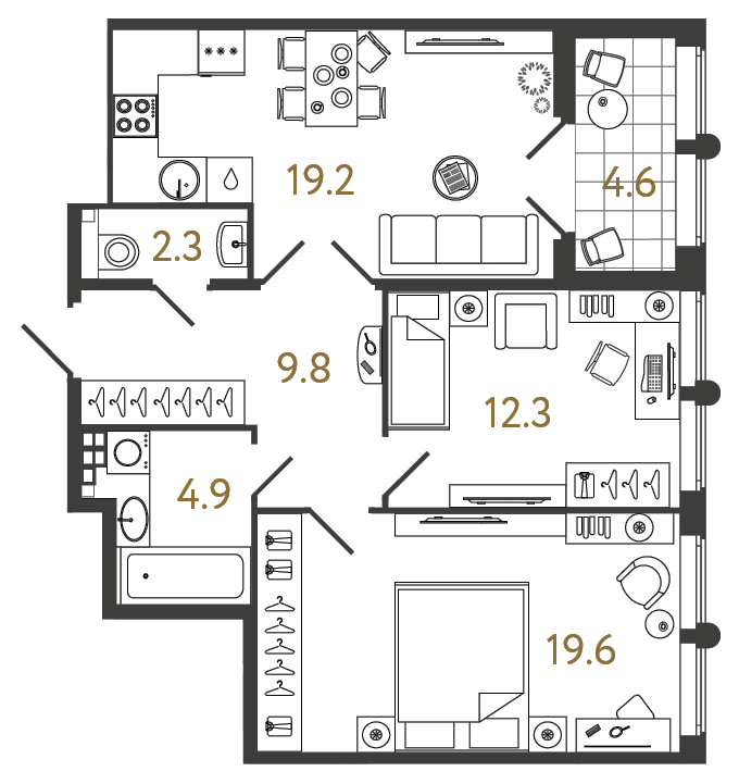 2-комнатная 68.1 м², 6 этаж