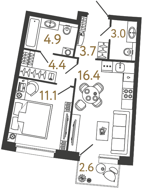 1-комнатная 43.5 м², 2 этаж