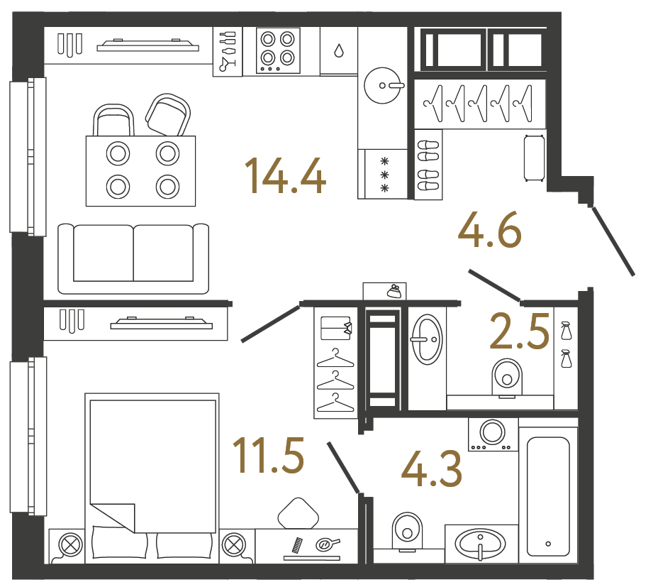 Однокомнатная квартира 37.3 м²