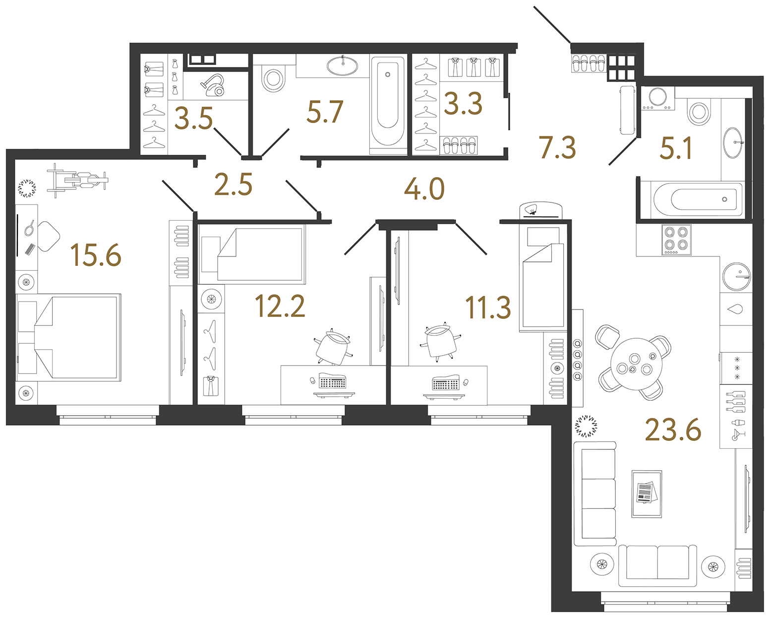 Трёхкомнатная квартира 94.1 м²