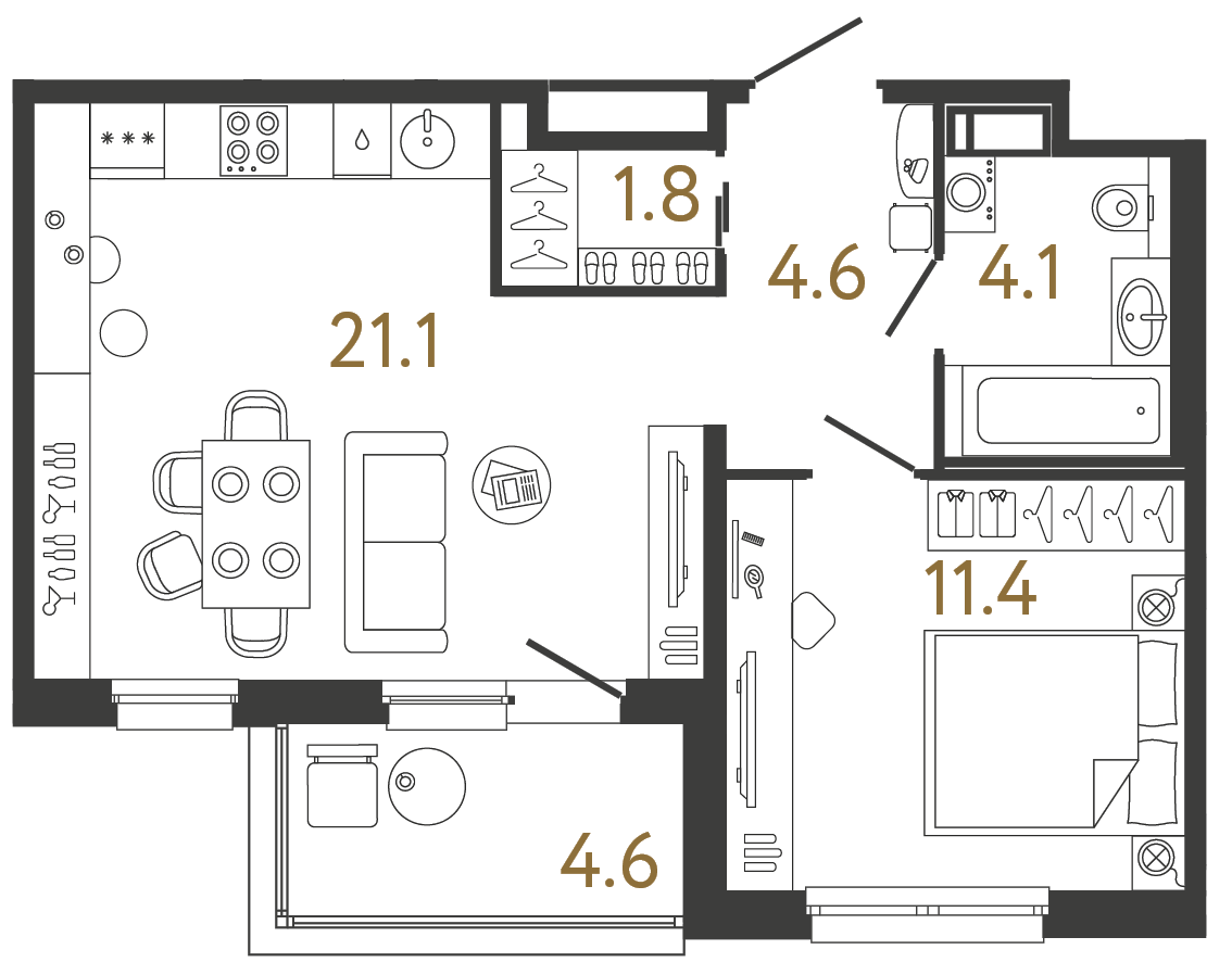 Однокомнатная квартира 43 м²