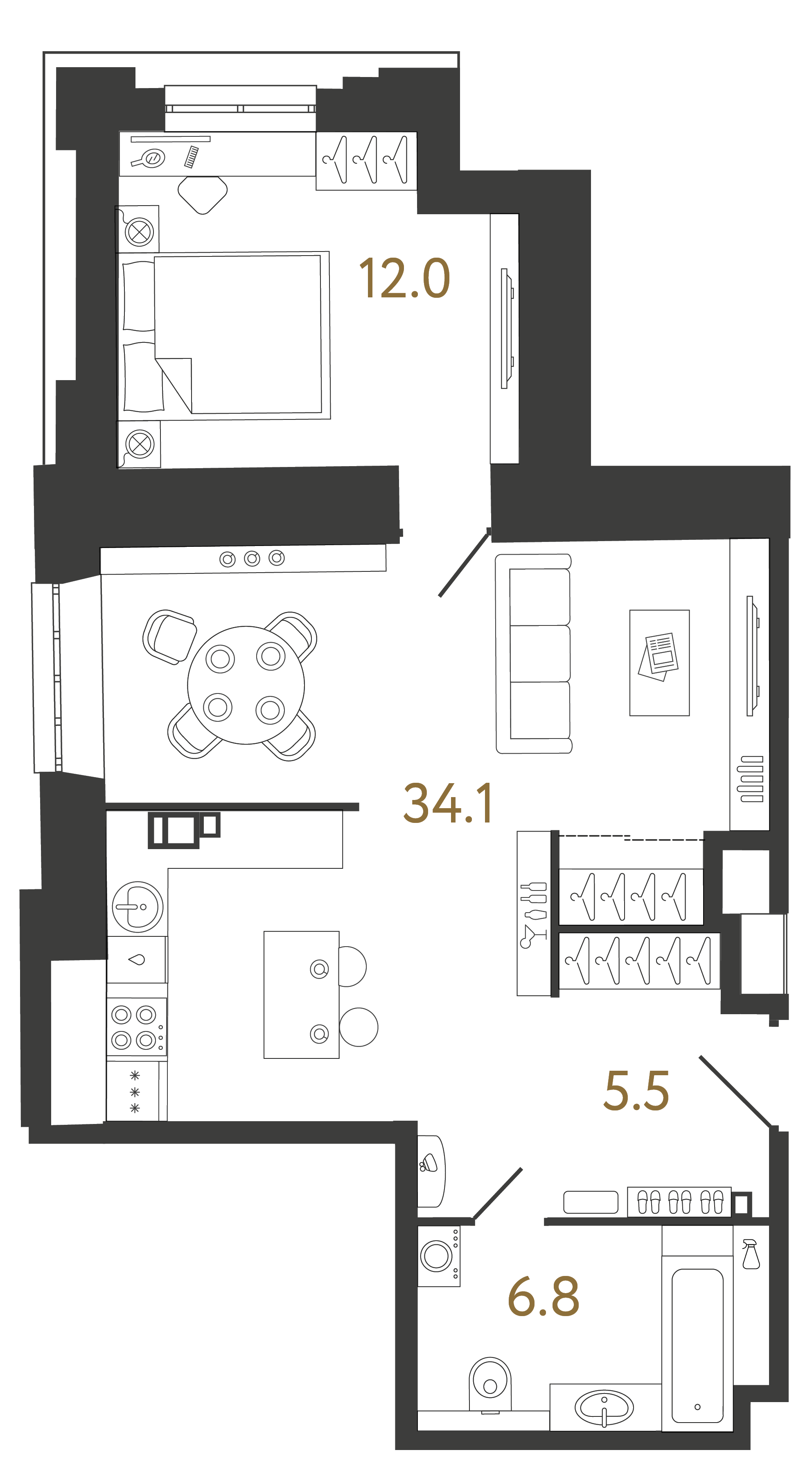 Однокомнатные апартаменты 58.4 м²