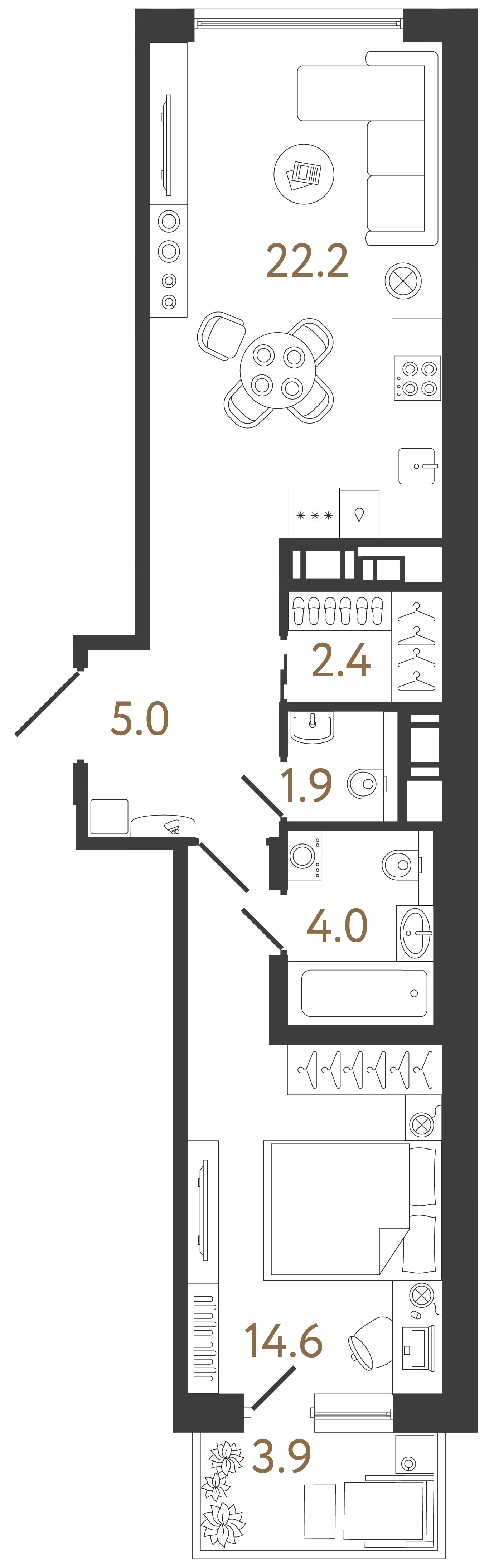 Однокомнатная квартира 50.1 м²