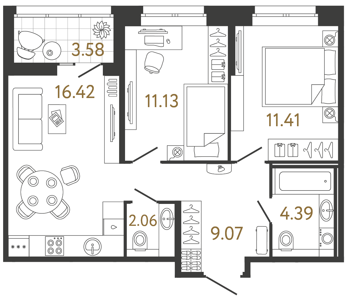 Двухкомнатная квартира 54.48 м²