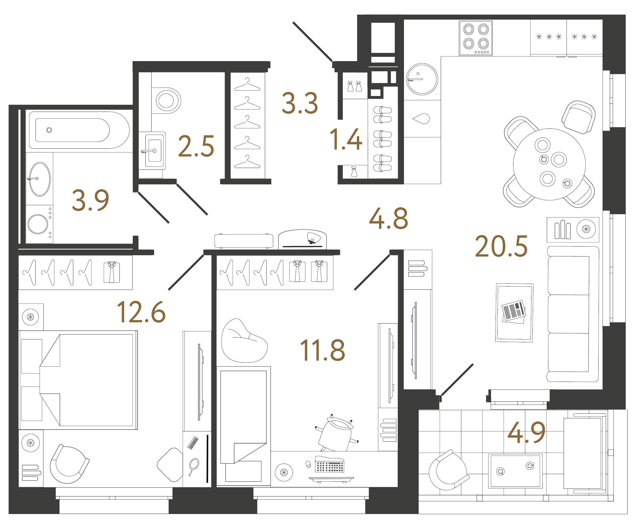 Двухкомнатная квартира 60.8 м²