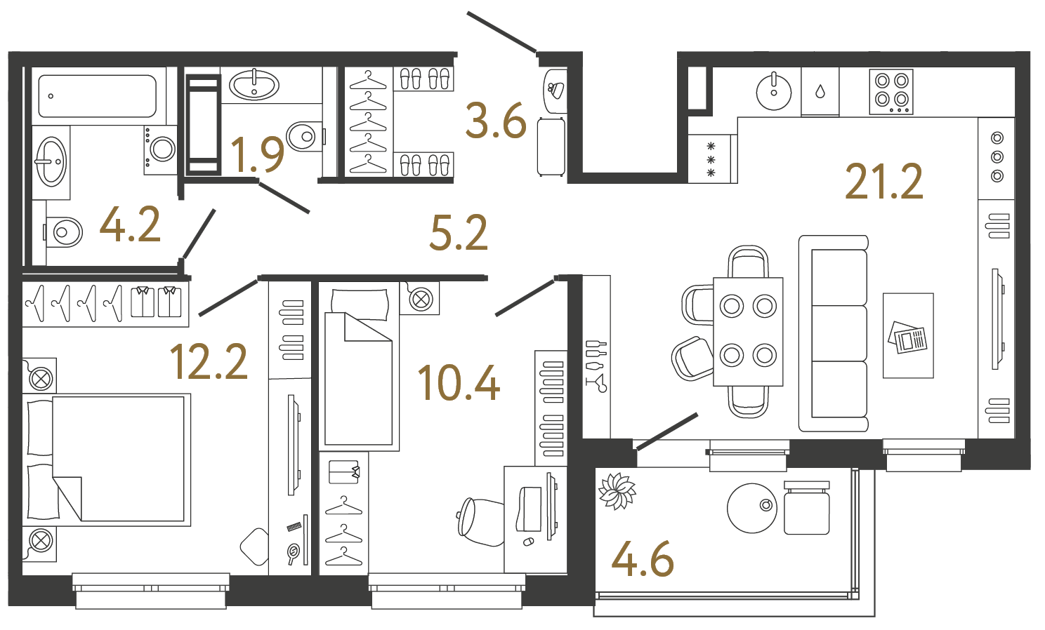 Двухкомнатная квартира 58.7 м²