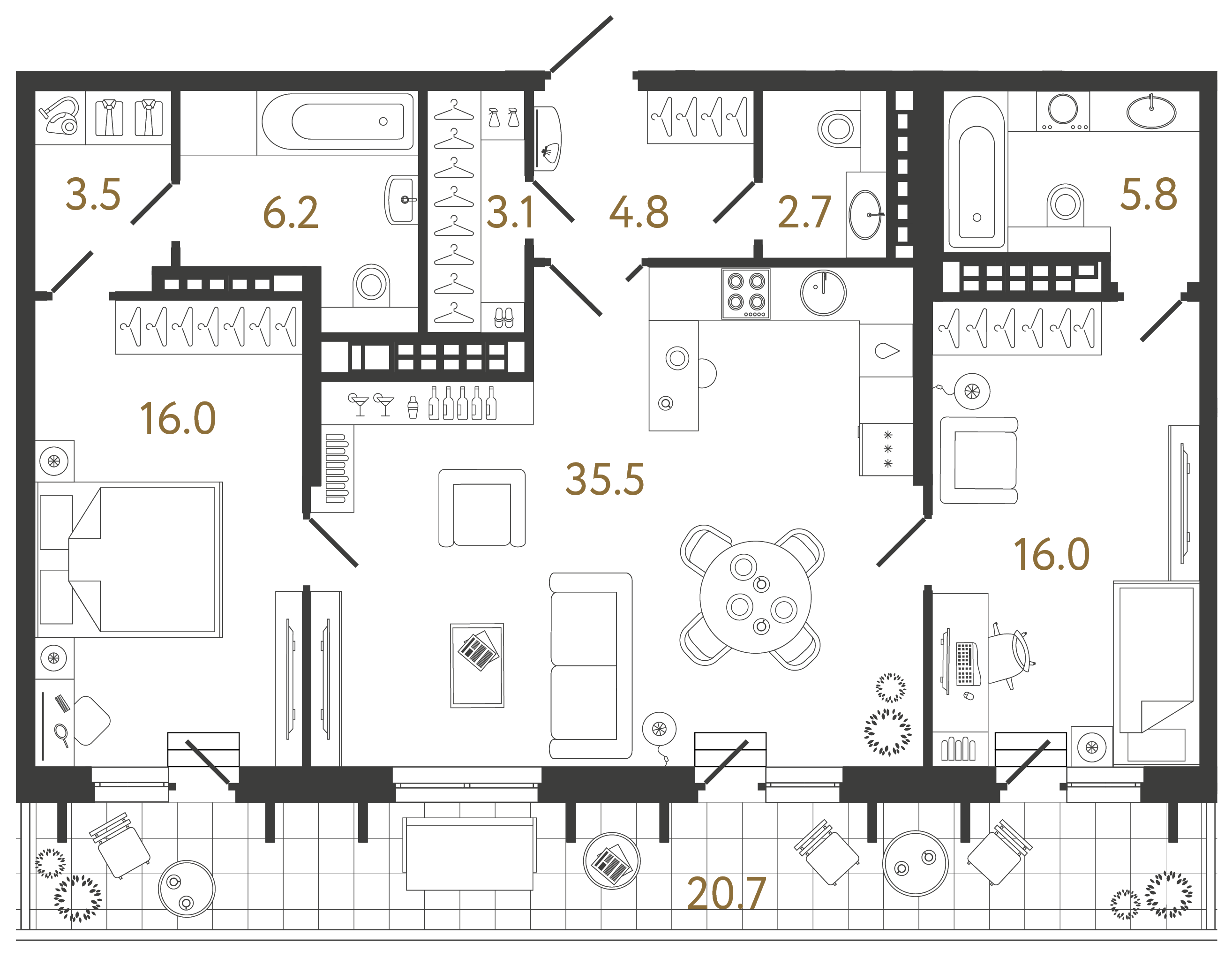 Двухкомнатная квартира 93.6 м²