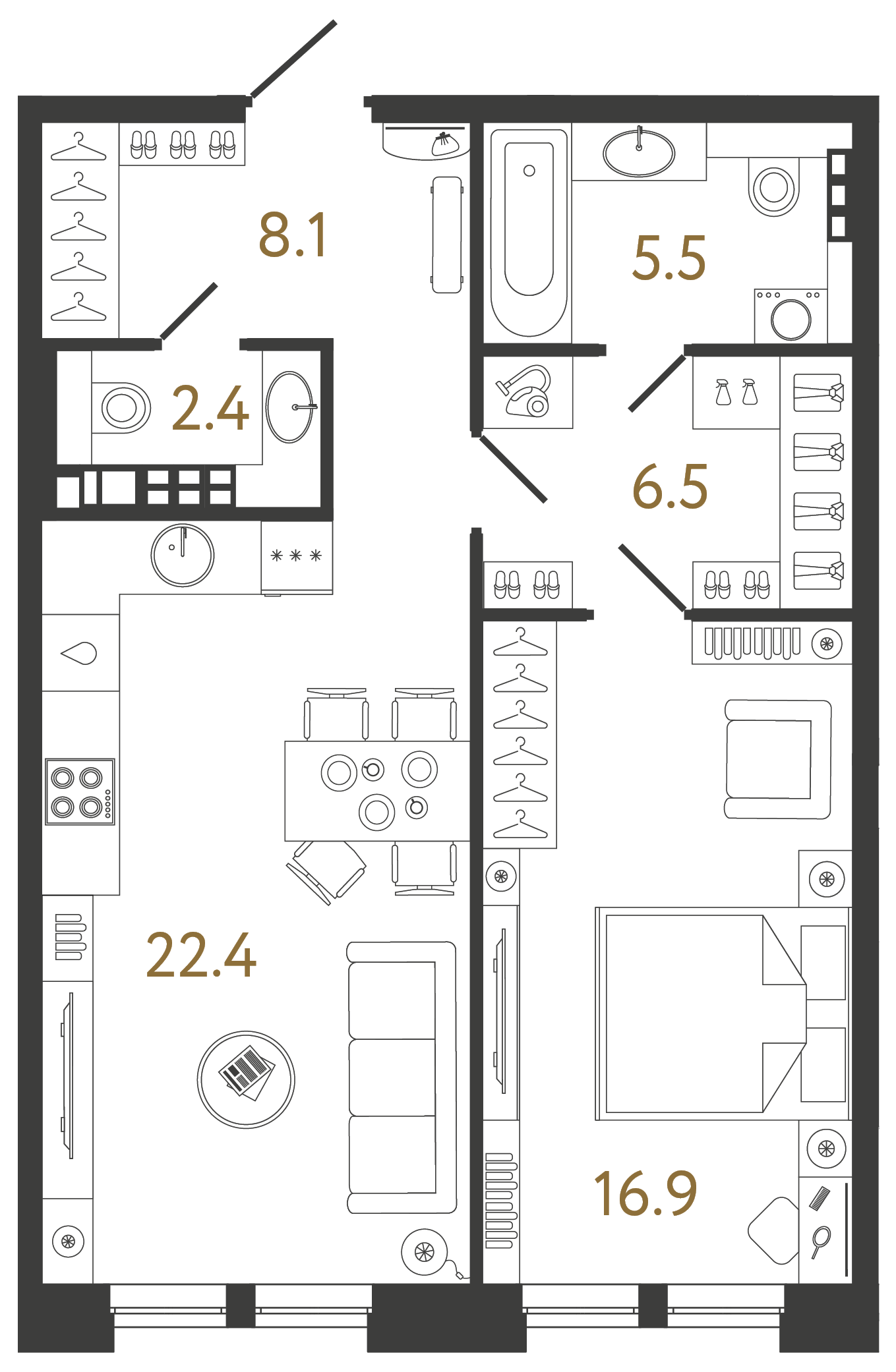 Однокомнатная квартира 61.8 м²