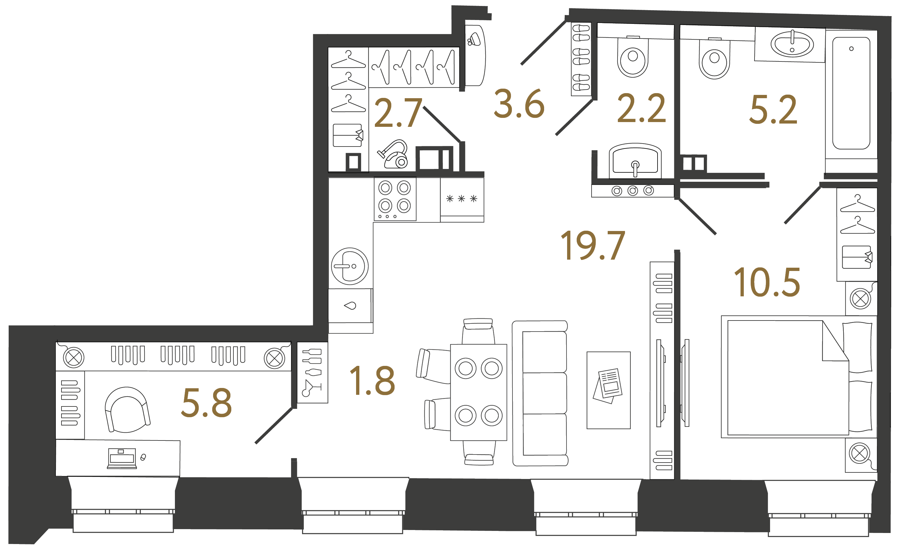 Двухкомнатные апартаменты 49.7 м²