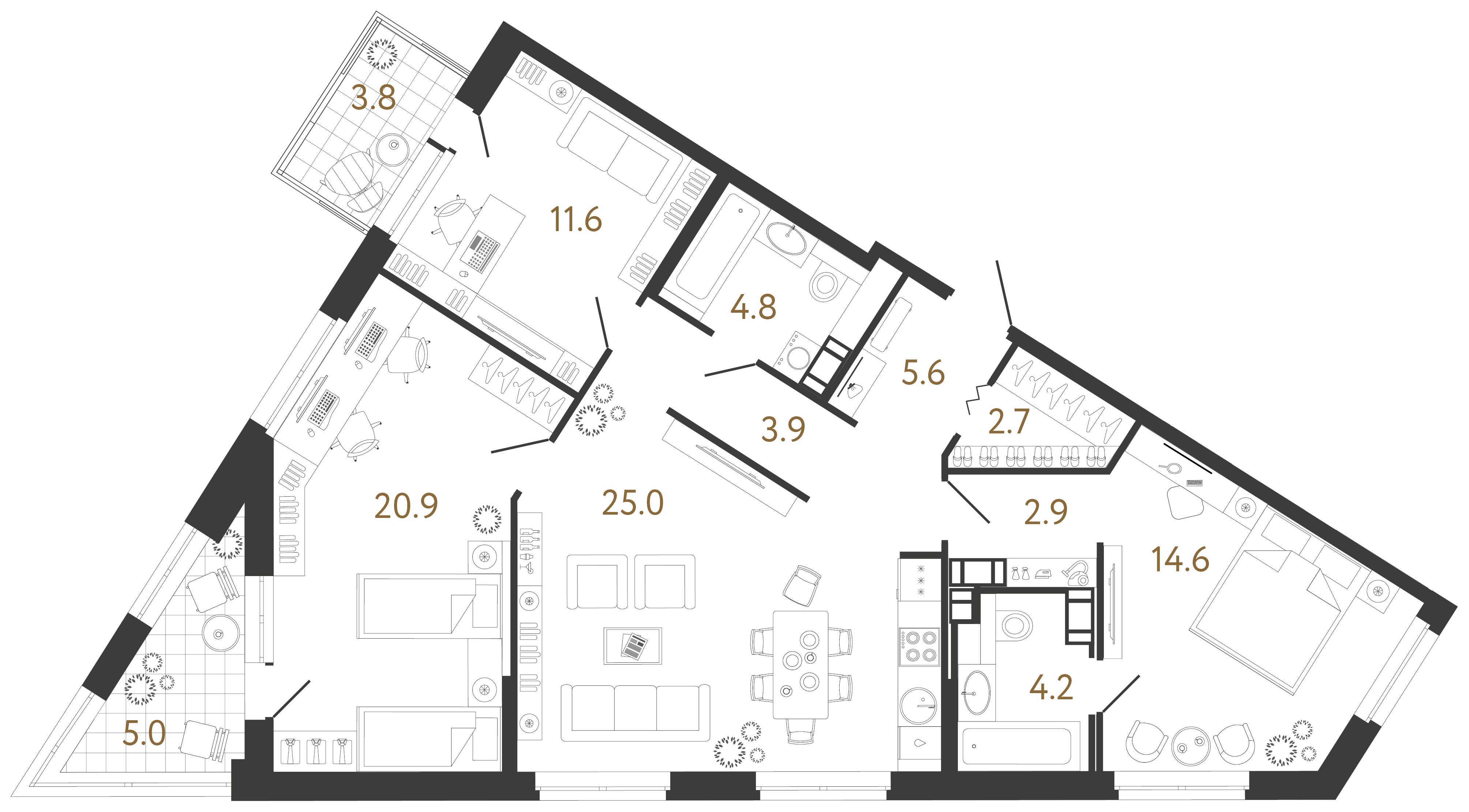 Трёхкомнатная квартира 96.2 м²