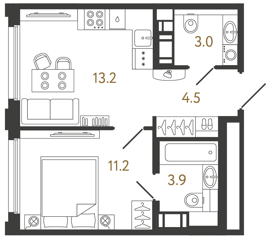 Однокомнатная квартира 35.8 м²