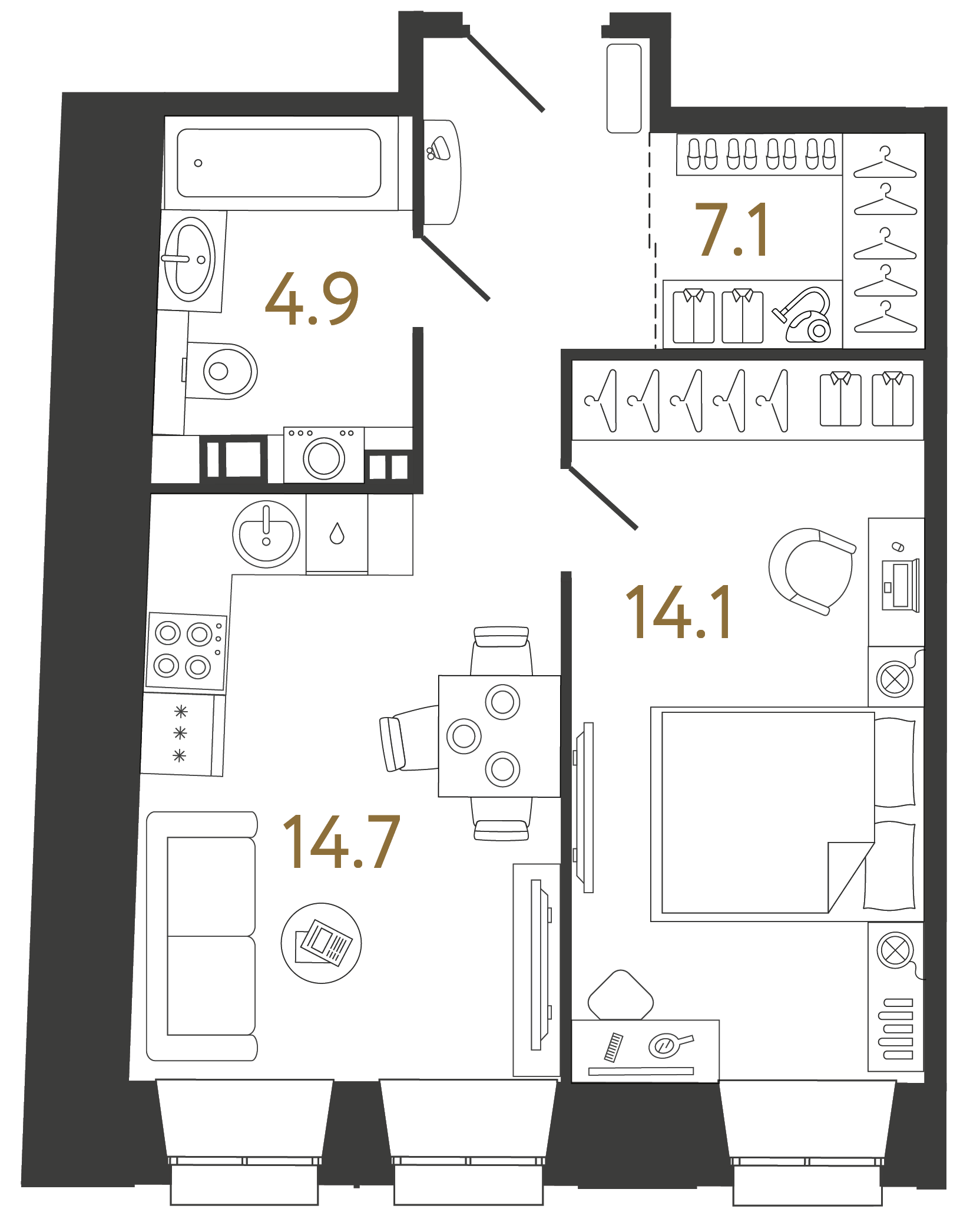 Однокомнатные апартаменты 40.8 м²