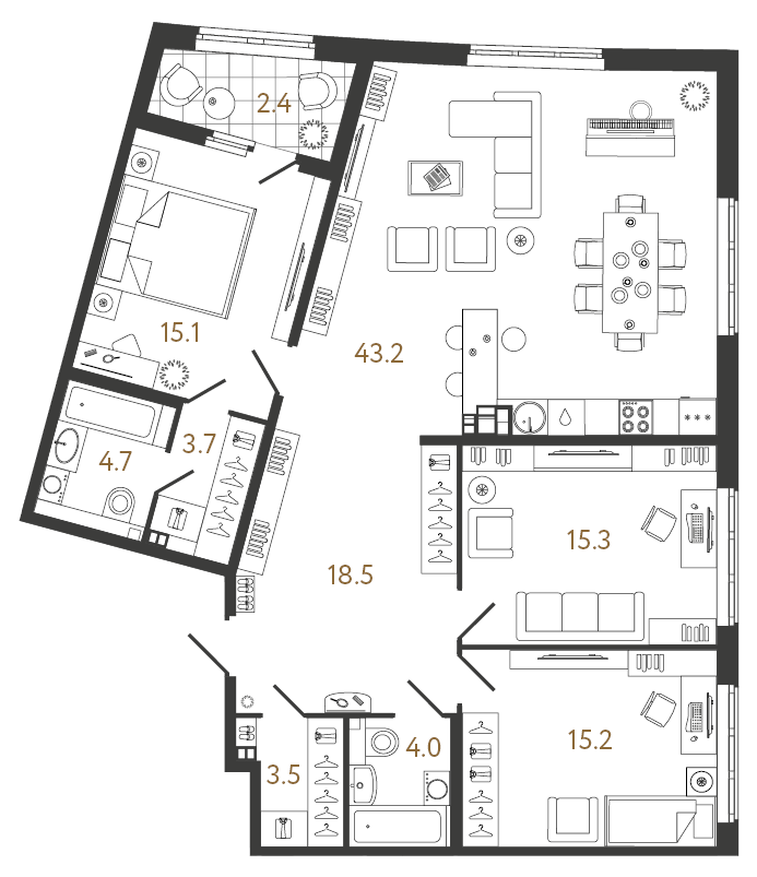 3-комнатная 122.5 м², 3 этаж, 52 022 771 руб.