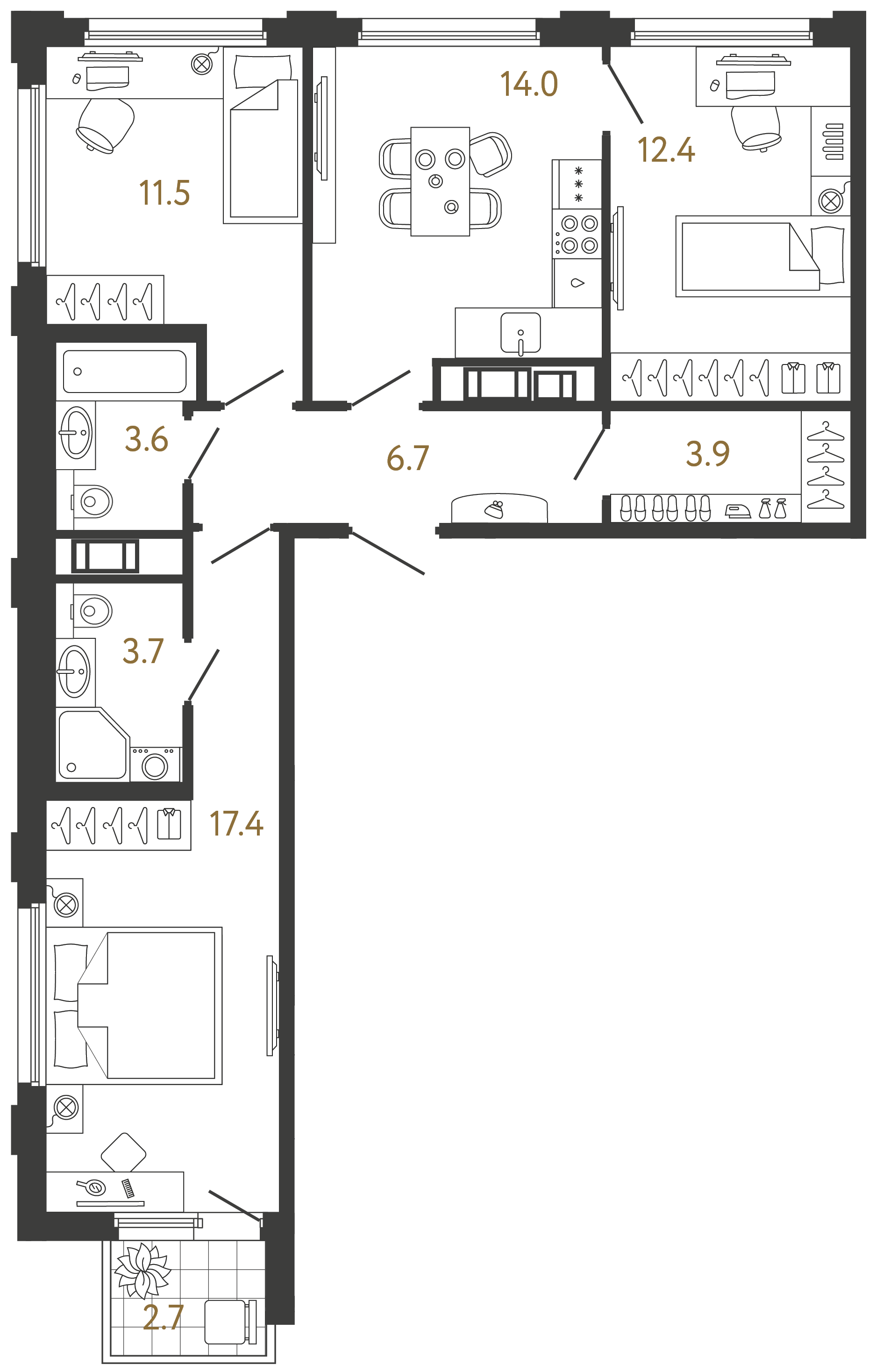 Трёхкомнатная квартира 73.2 м²