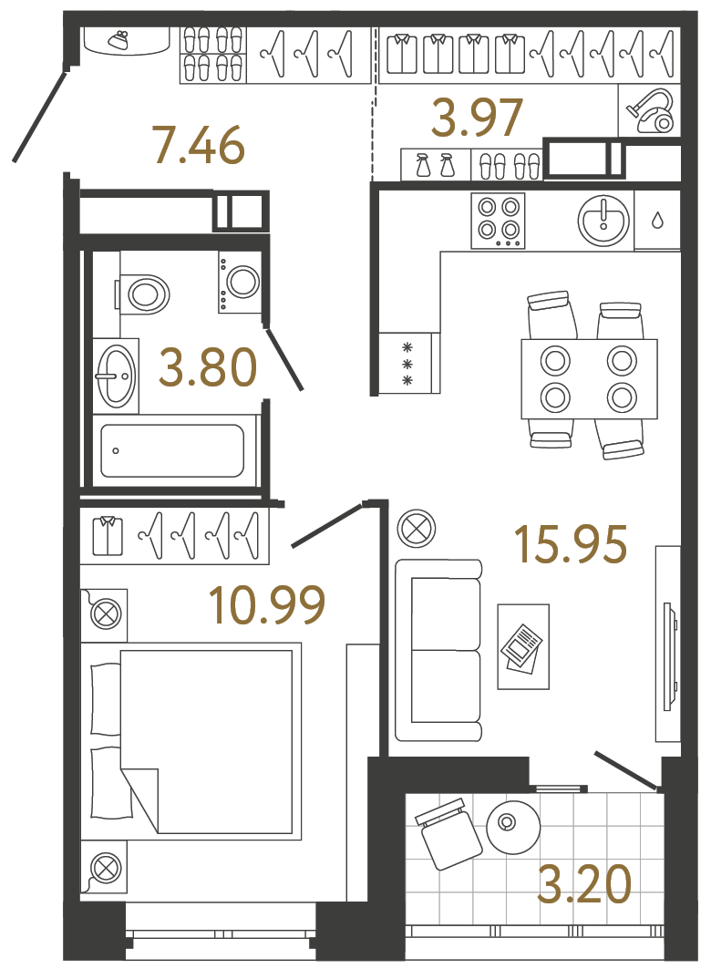 Однокомнатная квартира 42.17 м²