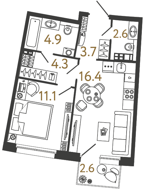 1-комнатная 43 м², 4 этаж