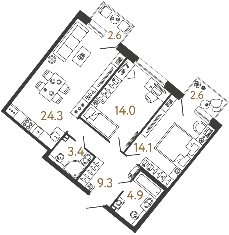 Двухкомнатная квартира 70 м²