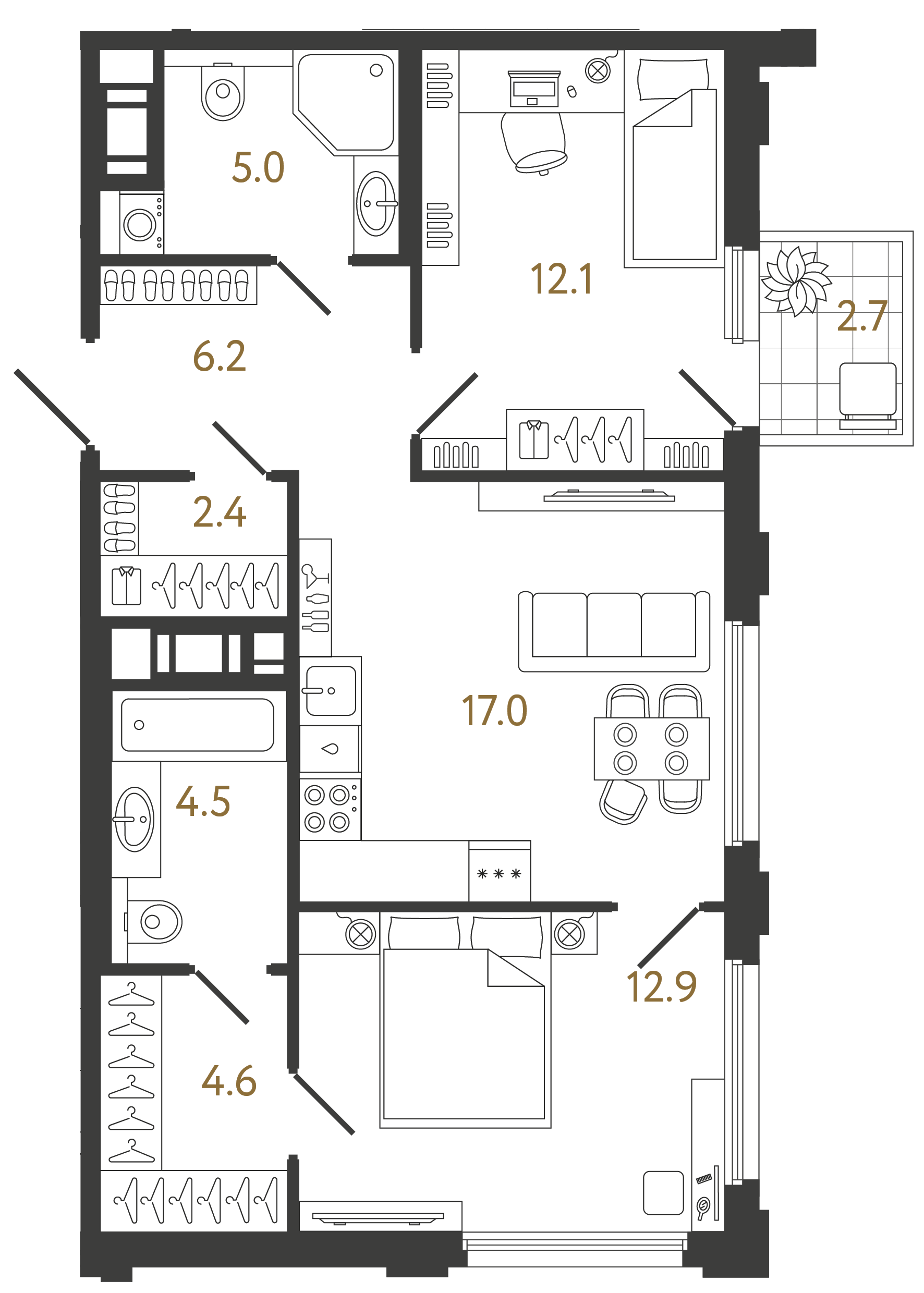 Двухкомнатная квартира 64.7 м²