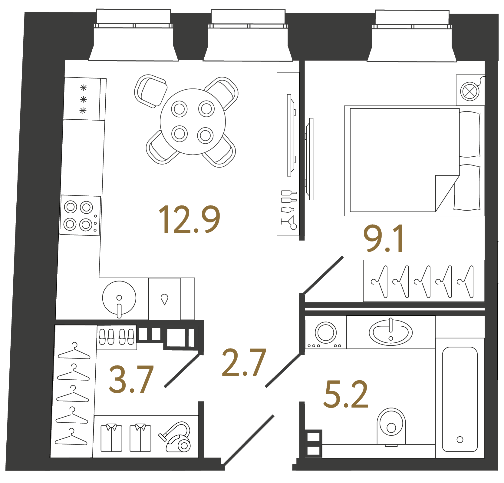 Однокомнатные апартаменты 33.6 м²