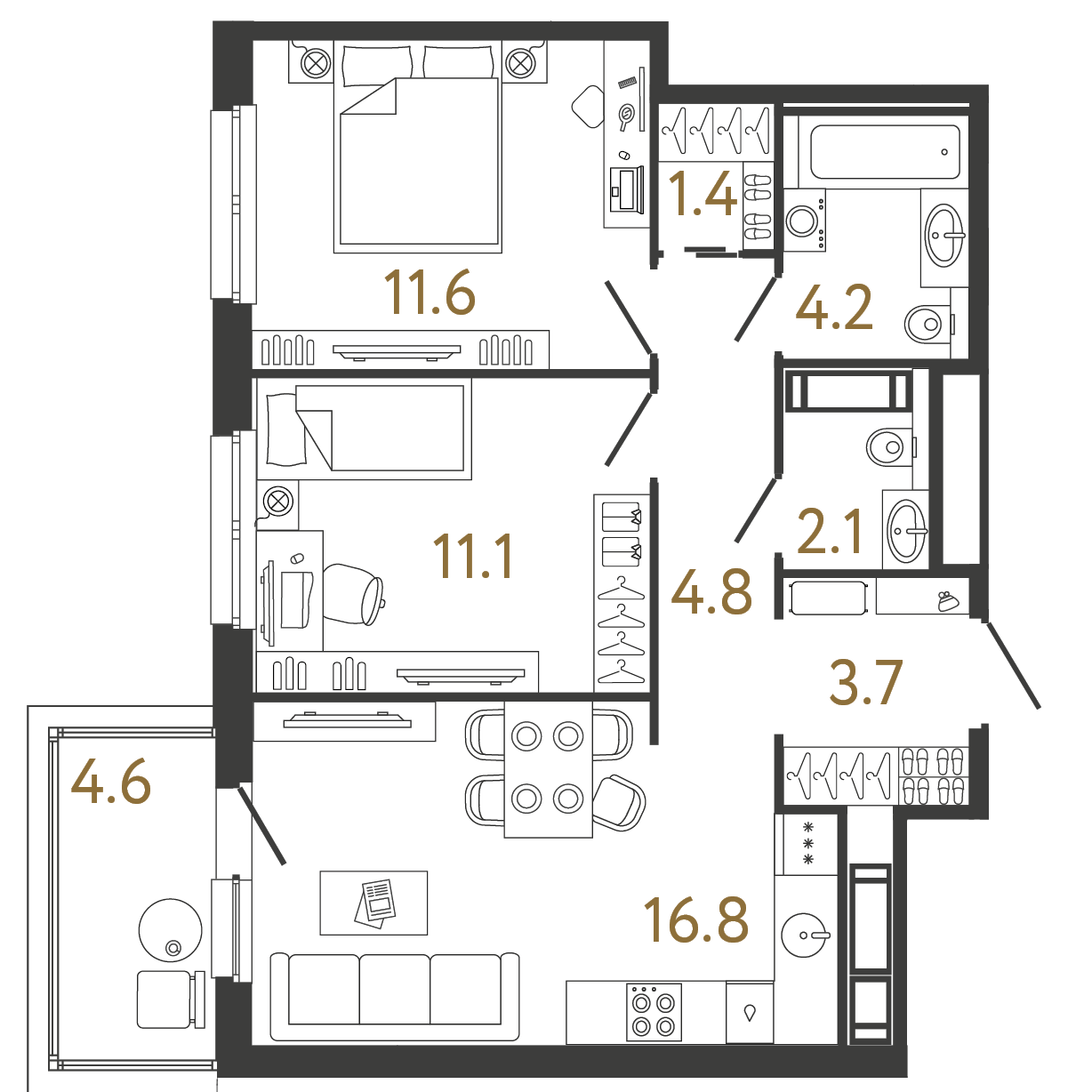 Двухкомнатная квартира 55.7 м²