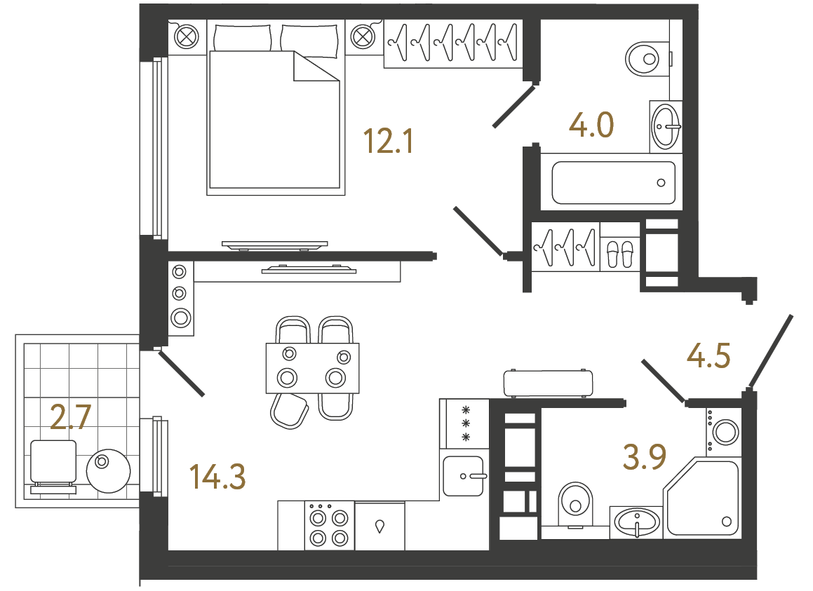 Однокомнатная квартира 38.8 м²