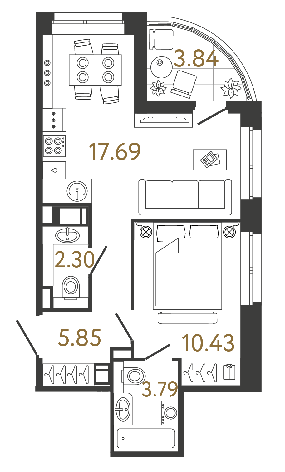 Однокомнатная квартира 40.07 м²