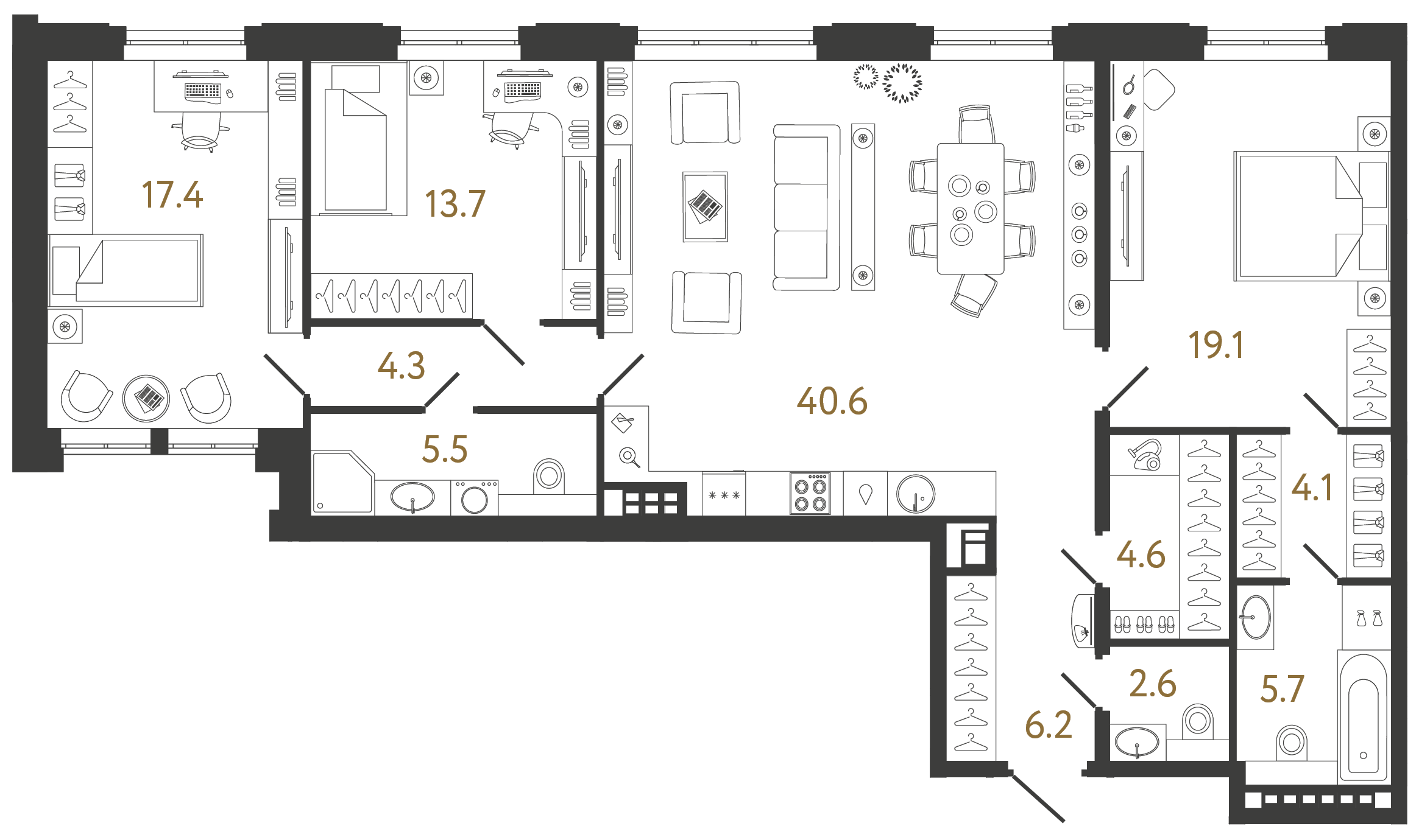 Трёхкомнатная квартира 123.8 м²