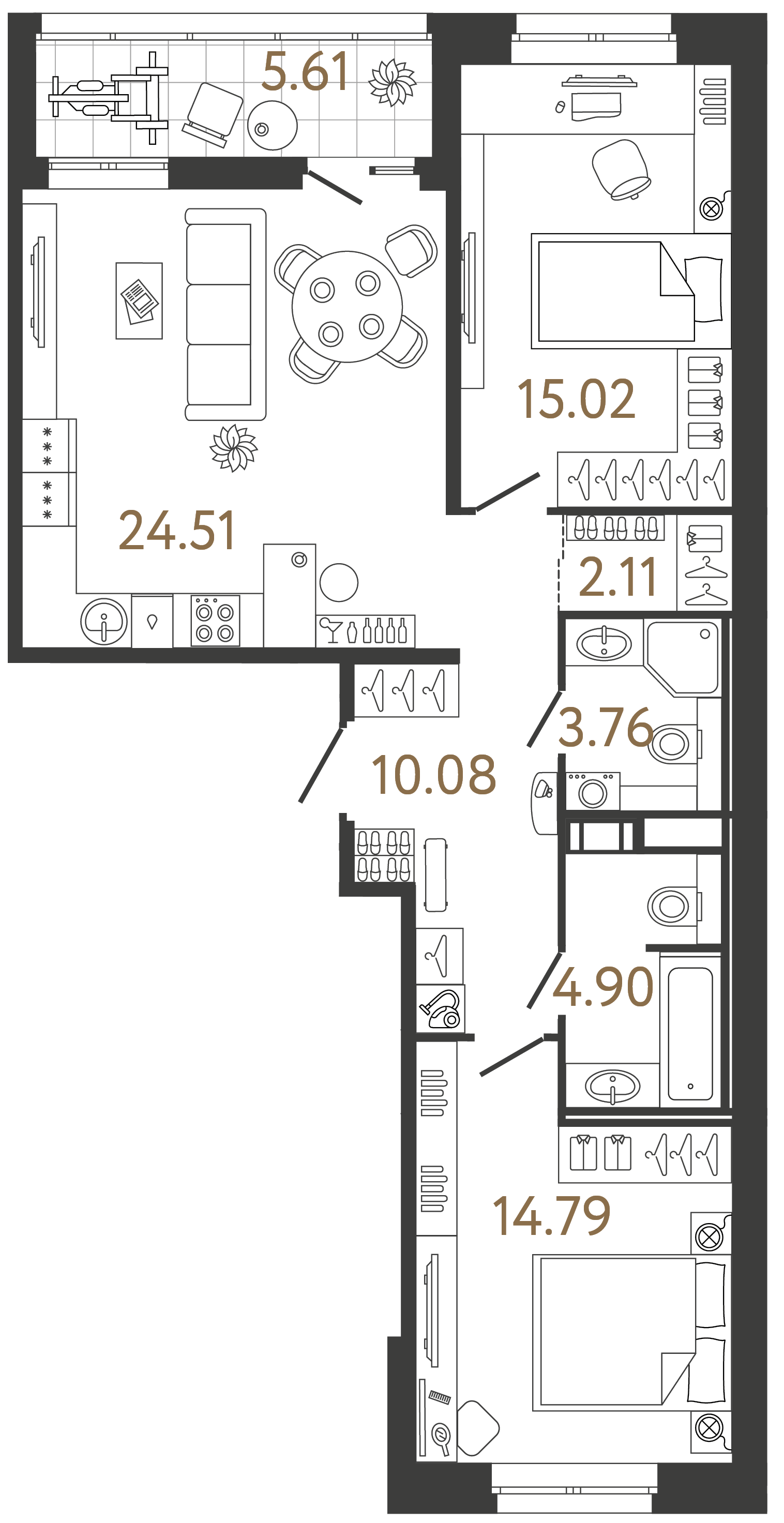Двухкомнатная квартира 75.17 м²