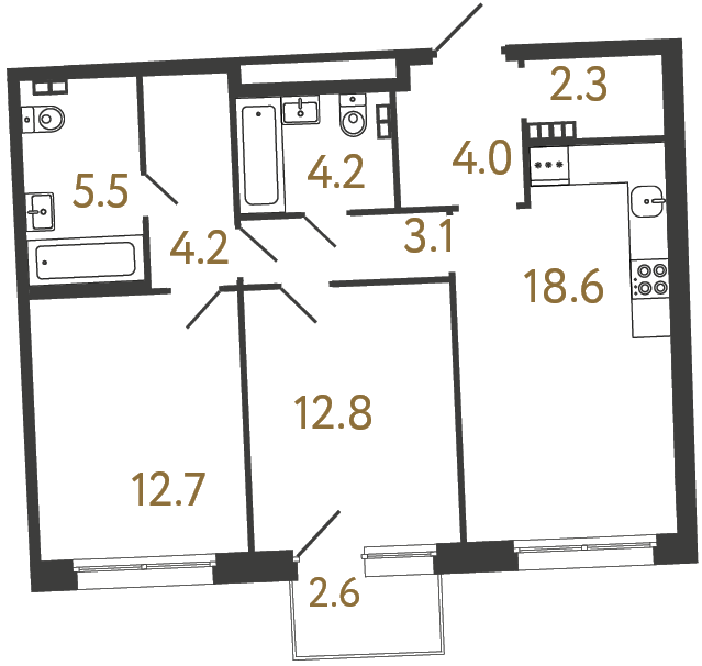 Двухкомнатная квартира №40 в ЖК Цвет Зеленогорска - 67.4 м²  - №2